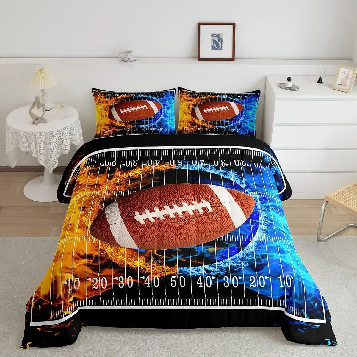 Feelyou Unisex Football Theme Decorative Bedding Set - Breathable Microfiber Blanket, Geometric Print Ice Fire Quilted Duvet Set for Rugby Sports Room, Modern Bedroom