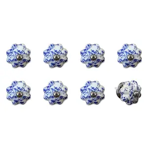 212 MAIN Artisan-Made Hand-Painted Traditional Home Decor Blue & White Ceramic & Metal Drawer Pull Knobs - Set of 8, 1.5X1.5 In