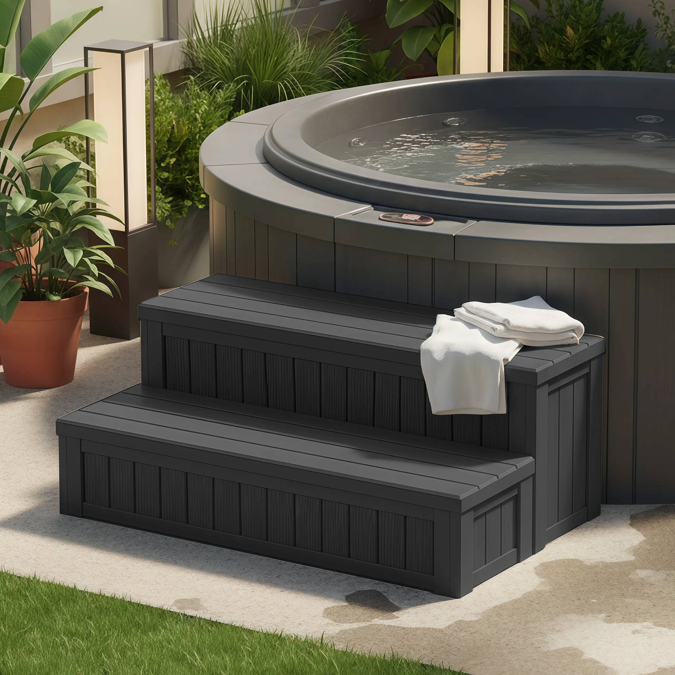 Outdoor Pool and Hot Tub Steps with Large Storage Compartments for Pool Accessories, Non-Slip Steps, 36 Inches Long, Pool Ladder with Seat, Black, Summervibes