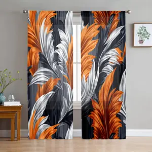 2D Flat 2Pcs Orange Leaf Pattern Curtains for Living Room, Pole Hung Semi Blackout Window Drapes, Tropical Themed Decor, Home Bedroom Decorative, Home Decoration Curtain