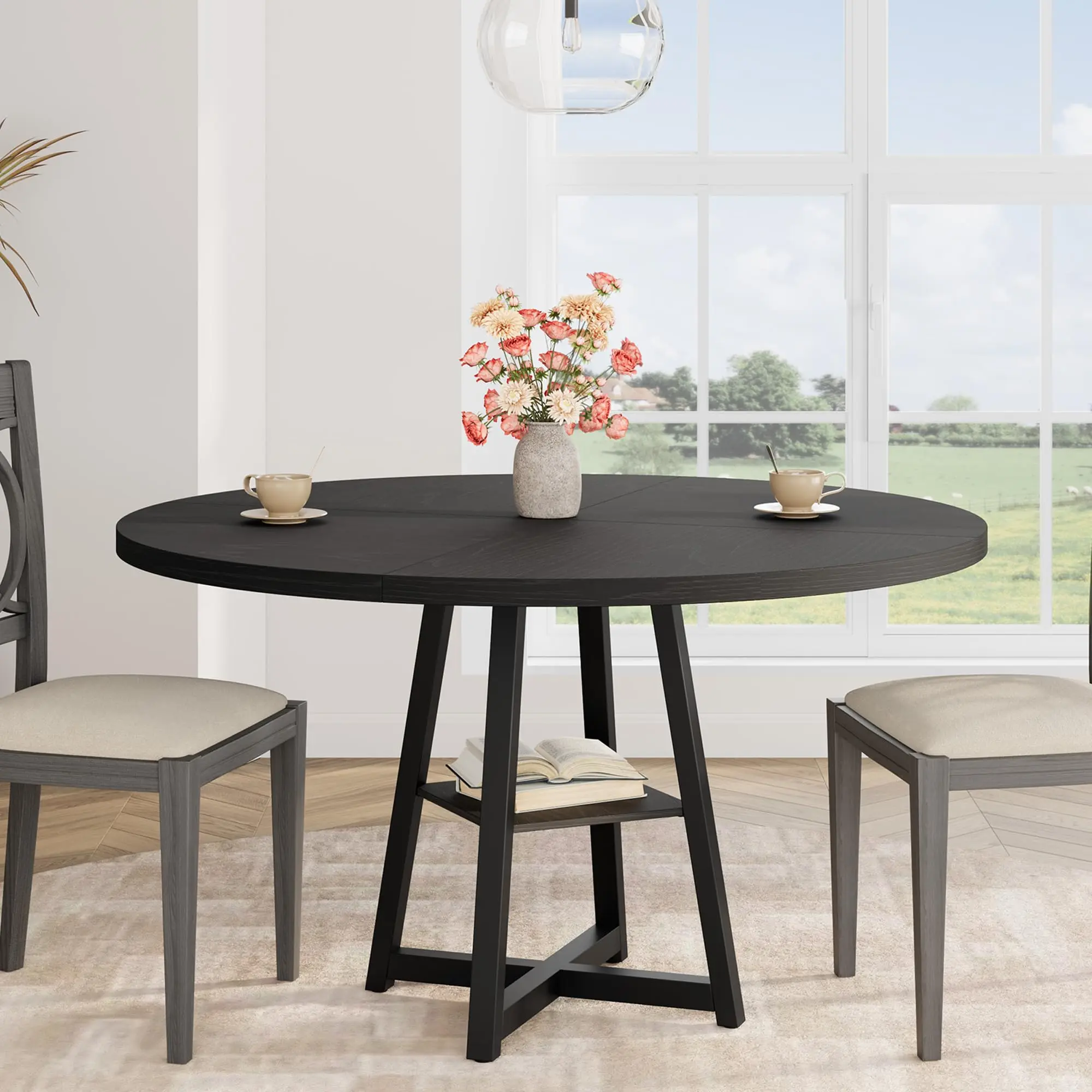 Garvee Round Dining Table, 47'' Kitchen & Dining Room Table for 4-6, Pedestal Base with Storage Shelf, Farmhouse Circle Dinner Table, Wood Top Metal Base, Black Ash
