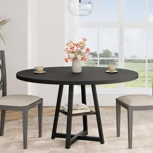 Garvee 47.2" Round Industrial Dining Table with Metal Pedestal Base & Storage Shelf Seats 4-6 Supports 300 lbs Ideal for Kitchen & Dining Room in Black Grey Brown