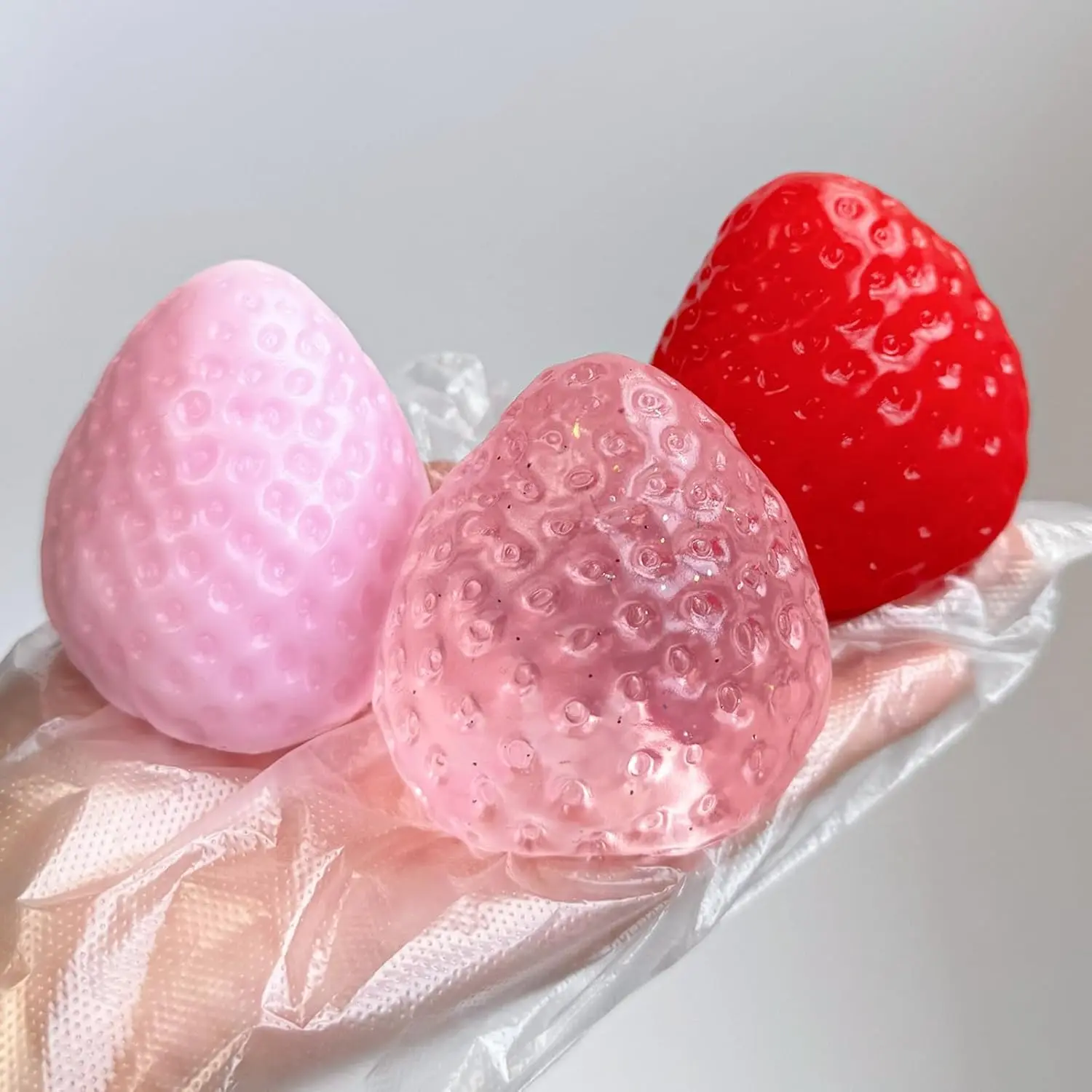 3PCS Strawberry Handmade Squishy Ball Set, Soft Sensory Squishies Stress Relief Toy with Smooth Texture Sticky TPR Material, Handcrafted Decompression Squeeze Toy for Adults - summerwins