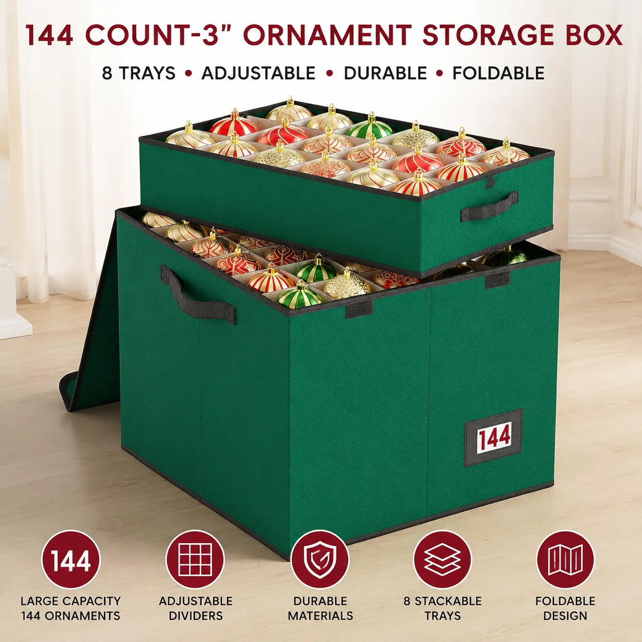 littleox 144-Count 3 Inch Christmas Ornament Storage Box with 8 Divided Trays, Large Capacity Holiday Decoration Organizer Container for Xmas Baubles & Festive Ornaments