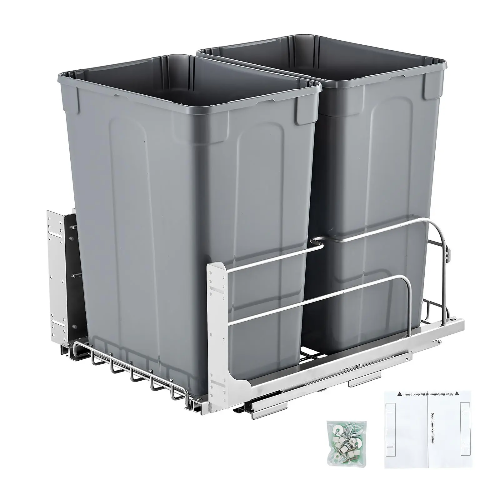 【Summerfinds】VEVOR Pull-Out Trash Can, 35 QT x2 Double Under Mount Kitchen Waste Container, Heavy Duty Garbage Recycling Bin with Door Kit and Soft Close Slide, for Kitchen Cabinet, Sink, Under Counter (Grey)