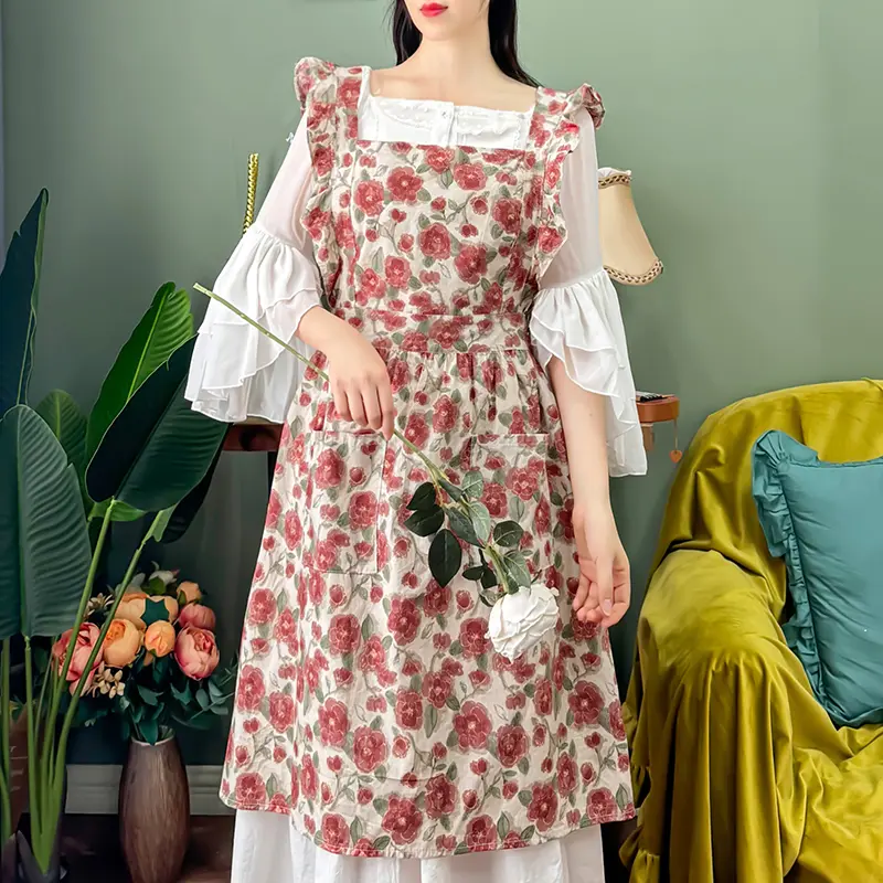 Vintage Floral Pattern Apron Comes With Pearl Pin,Classic Apron For Home Kitchen Garden,Pure Cotton Breathable Apron With Pockets