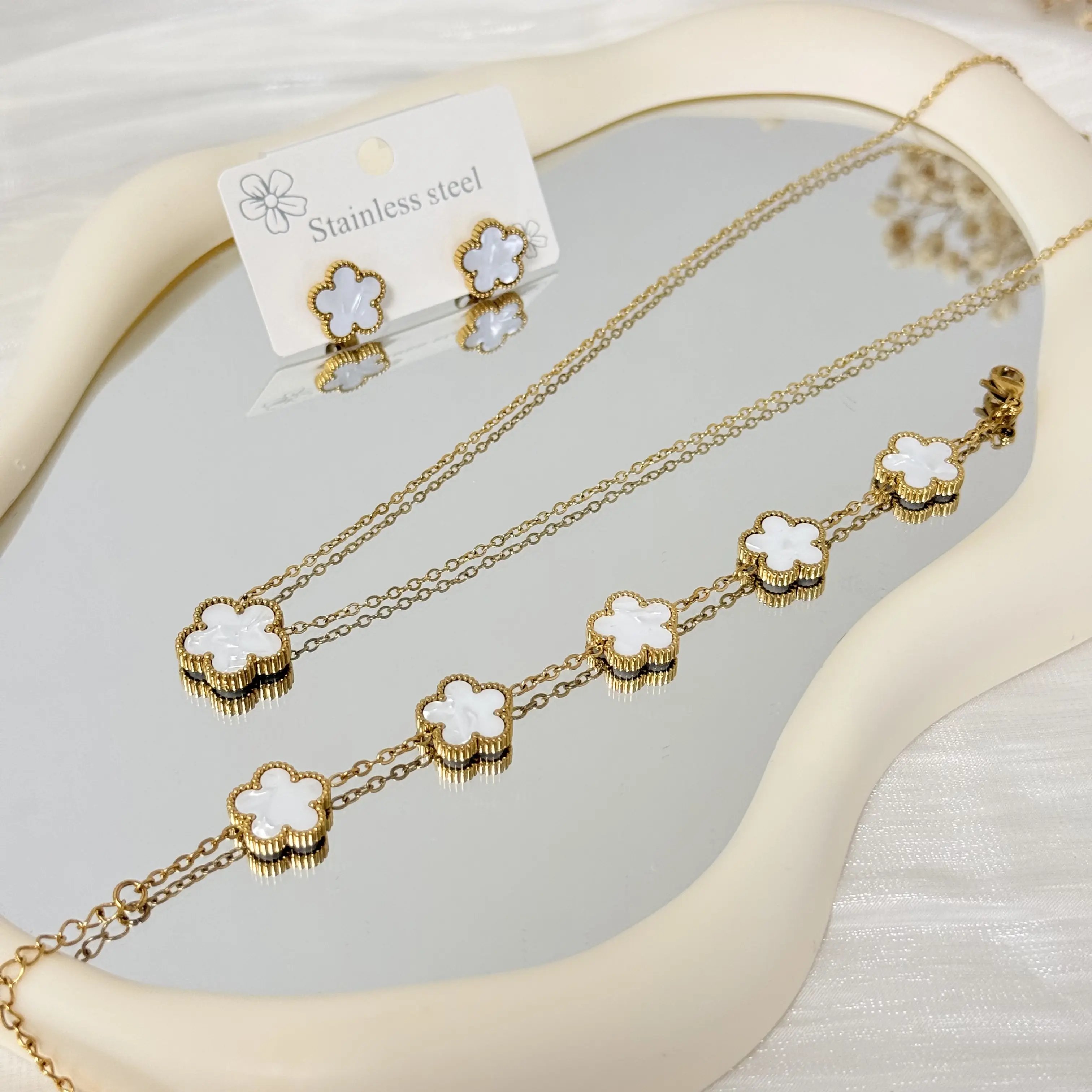 XP Lucky Clover Jewelry Set Stainless Steel Dainty Necklace Bracelet ...