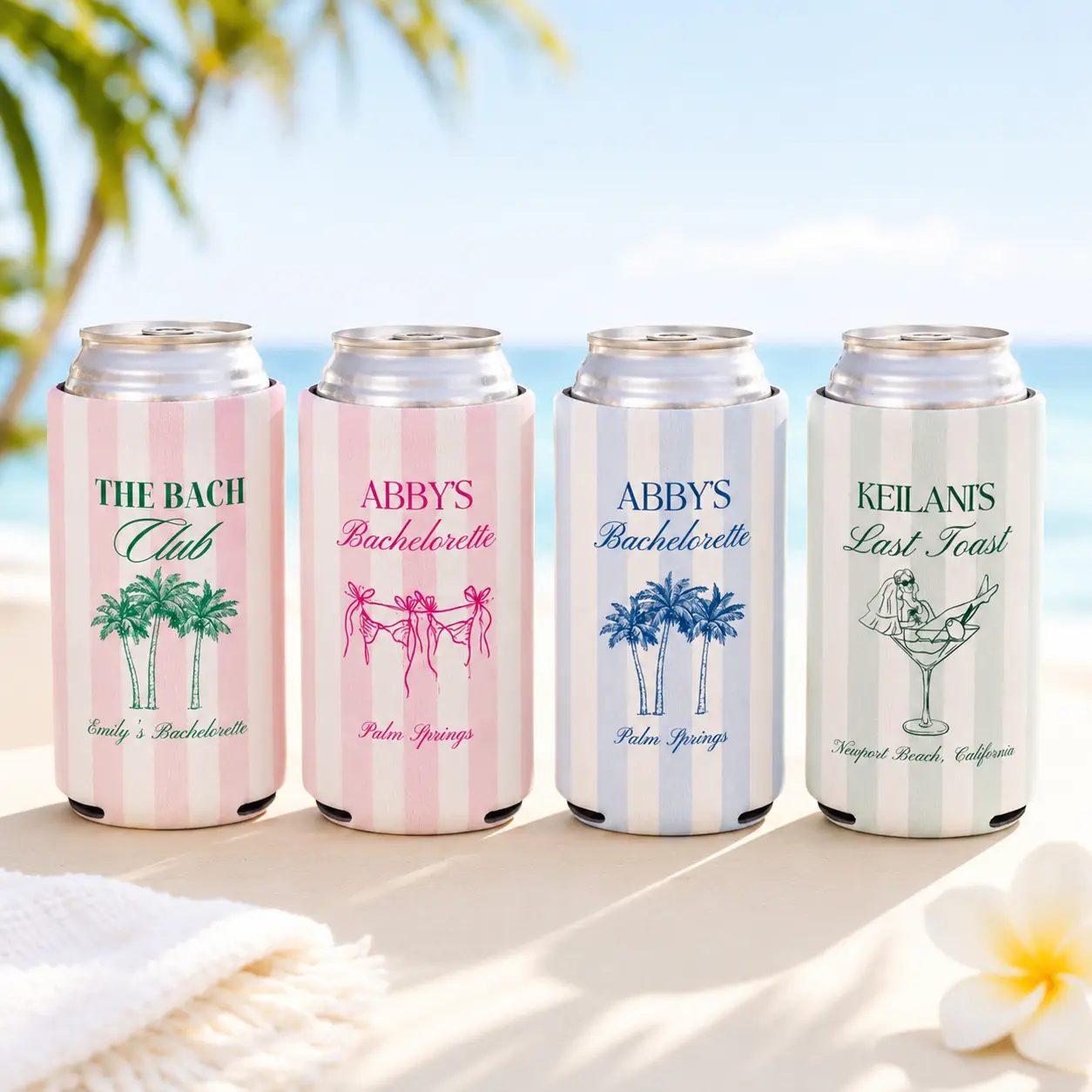 Custom 12oz Slim Can Cooler - Personalized Neoprene Bridesmaids Drink Holder, Preppy Coastal Striped Pastel All-Over Print, Insulated Slimcano Koozie, Low-Maintenance Drinkware Accessory for Bridal Shower Beach Favors, Lounging at Home Use