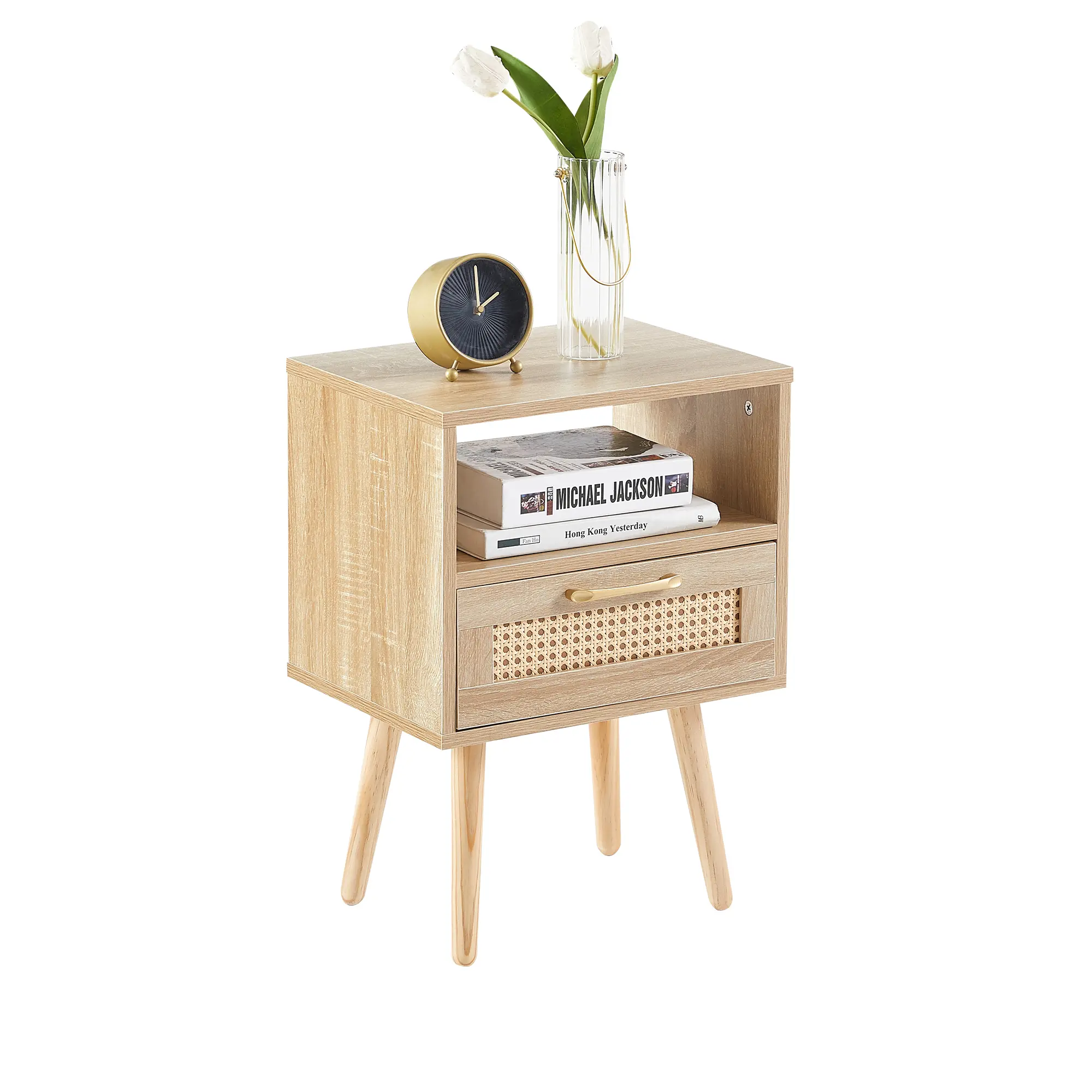 Natural Finish Rattan End Table with Drawers, 15.75" L x 11.81" W x 22.05" H, Sturdy Solid Wood Legs, Glides, Multi-Ply Rattan Weave, Space-Saving, 120lbs Capacity, Assembly Required, Modern Indoor Side Table for Living Room, Office Areas, Easy Setup