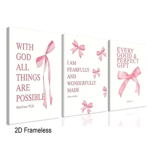3-piece “Playful Pink Bow” canvas wall art set featuring inspirational Bible verses, perfect for girls' rooms, college dorms, apartments, living rooms, and bedrooms. Frameless.