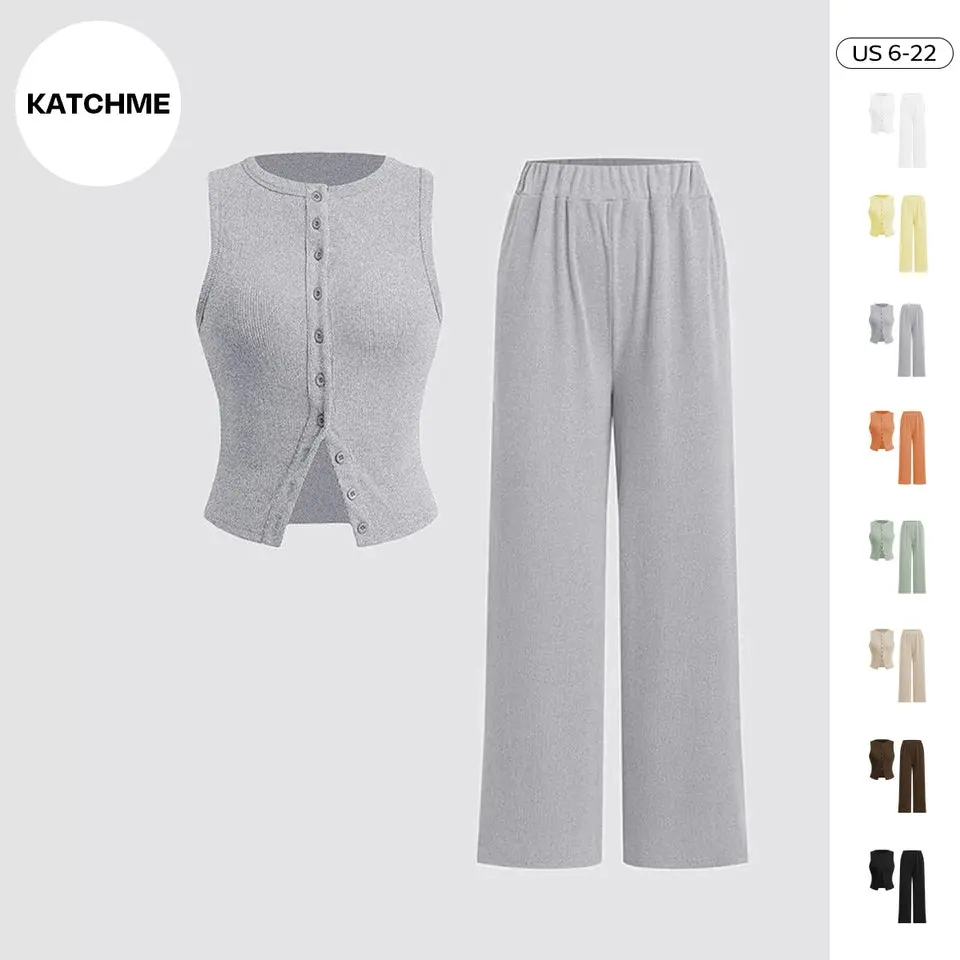 KatchMe Women's Casual Solid Color Sleeveless Button-Up Slim Tank Top & Wide Leg Trousers Co-ord, Comfort Two Piece Outfits, Holiday Outfits 2025