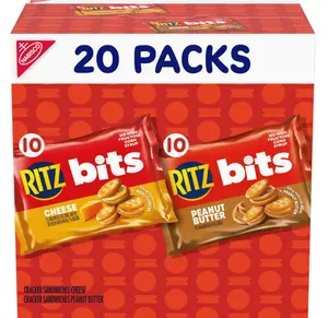 RITZ Bits Cheese and RITZ Bits Peanut Butter Sandwich Crackers Variety Pack, Lunch Snacks, 20 Snack Packs