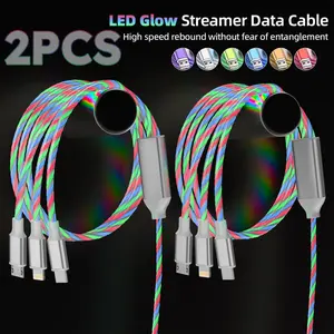 2 Packs 3-in-1 LED Glow Charging Cable, Flowing Light USB Cable, Universal 3 in 1 Charger Cord with USB C/Micro USB/Lightning, Compatible for iPhone Android Phones