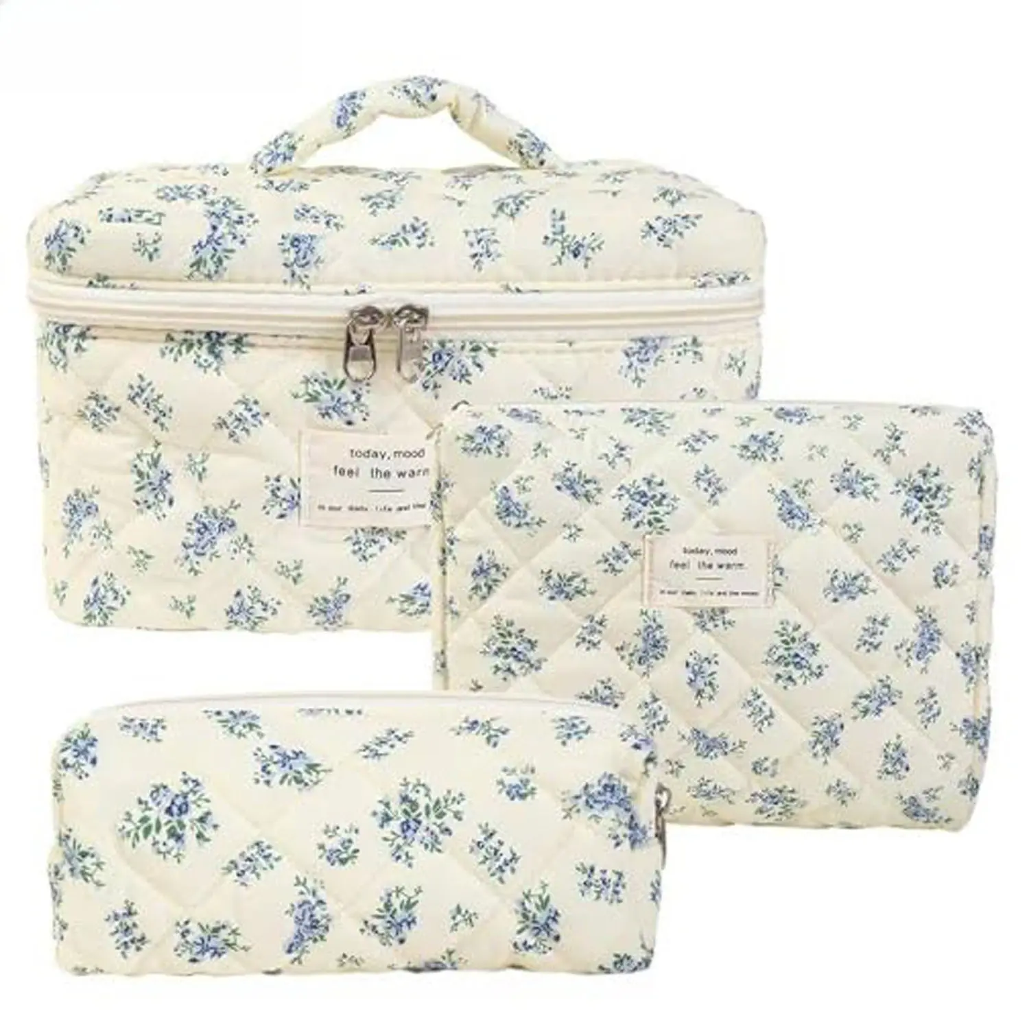 Quilted Floral Makeup Bag Set for Women, 3-Piece Padded Cotton Pouches with Hangable Organizer for Travel, Portable Vanity & Beauty Storage Solutions, Makeup Bags, Vanity Organization, Vacuum-Seal
