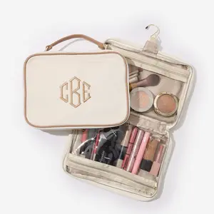 ML MARLEYLILLY Personalized Travel Toiletry Bag with Faux Leather Trim & Monogram - Makeup Pouch with Multiple Zipper Pockets & Hook for Easy Access
