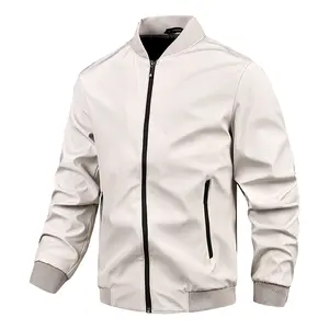 Men's Beige Pilot Jacket - Full Zip Closure, Ribbed Trim, Comfortable and Smooth Fabric, Ideal for Everyday Casual and Fashion Wear