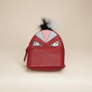 Pre-owned FENDI Leather Small Leather Goods Red Monster Eyes Fur Backpack Key Chain and Bag Charm