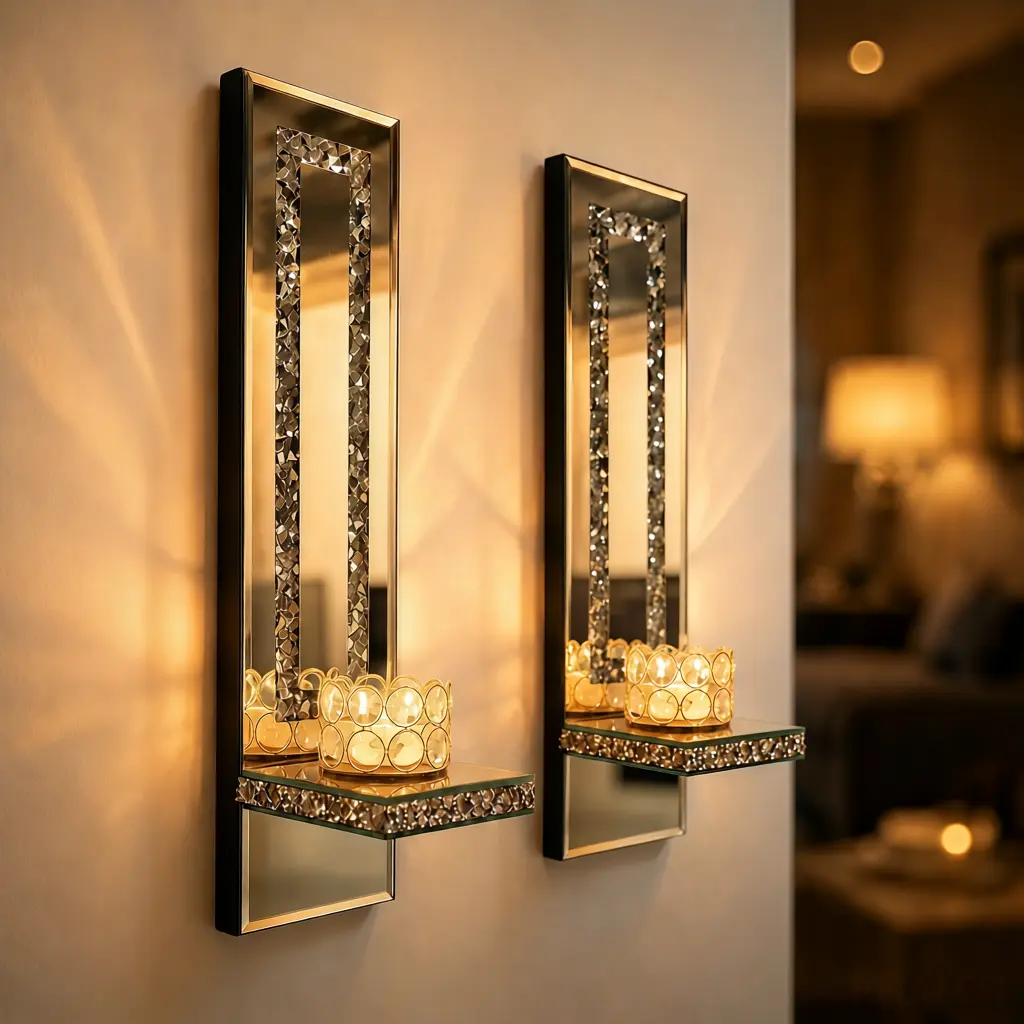 2-Piece Home Decor Shiny Crystal Rectangle Hanging Wall Candle Sconce Set, Modern Exquisite Style Diamond-Edge Mirror-Accent Decor for Living Room, Engagement Occasions, Sparkly Finish Wall Decoration