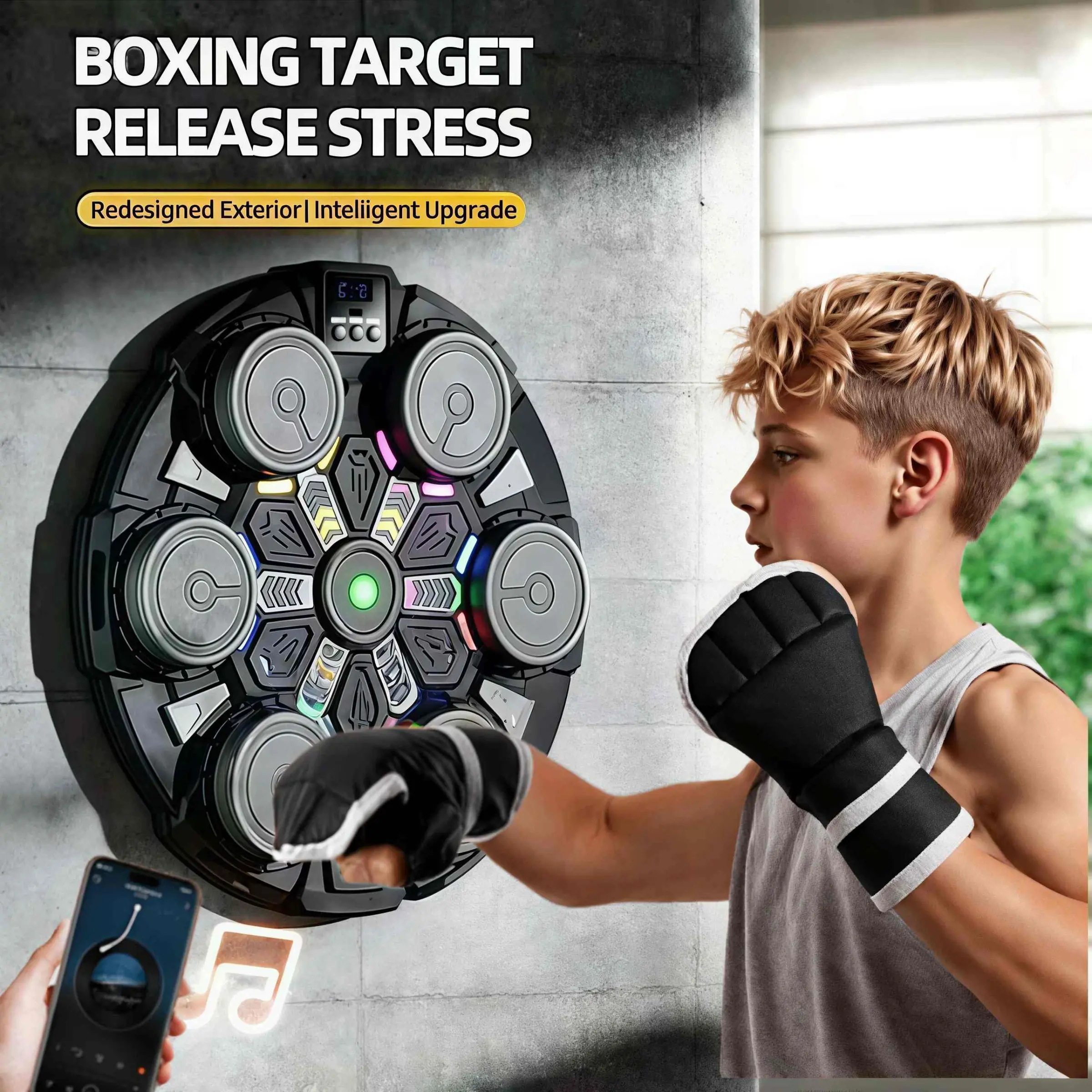 Smart Music Boxing Training Machine with Boxing Gloves, Interactive Boxing Trainer, Universal for Adults & Kids, LED Display with Real-Time Punch Data Feedback, Bluetooth Music Rhythm Sync, Wall-Mountable Space-Saving Design for Home & Gym Use