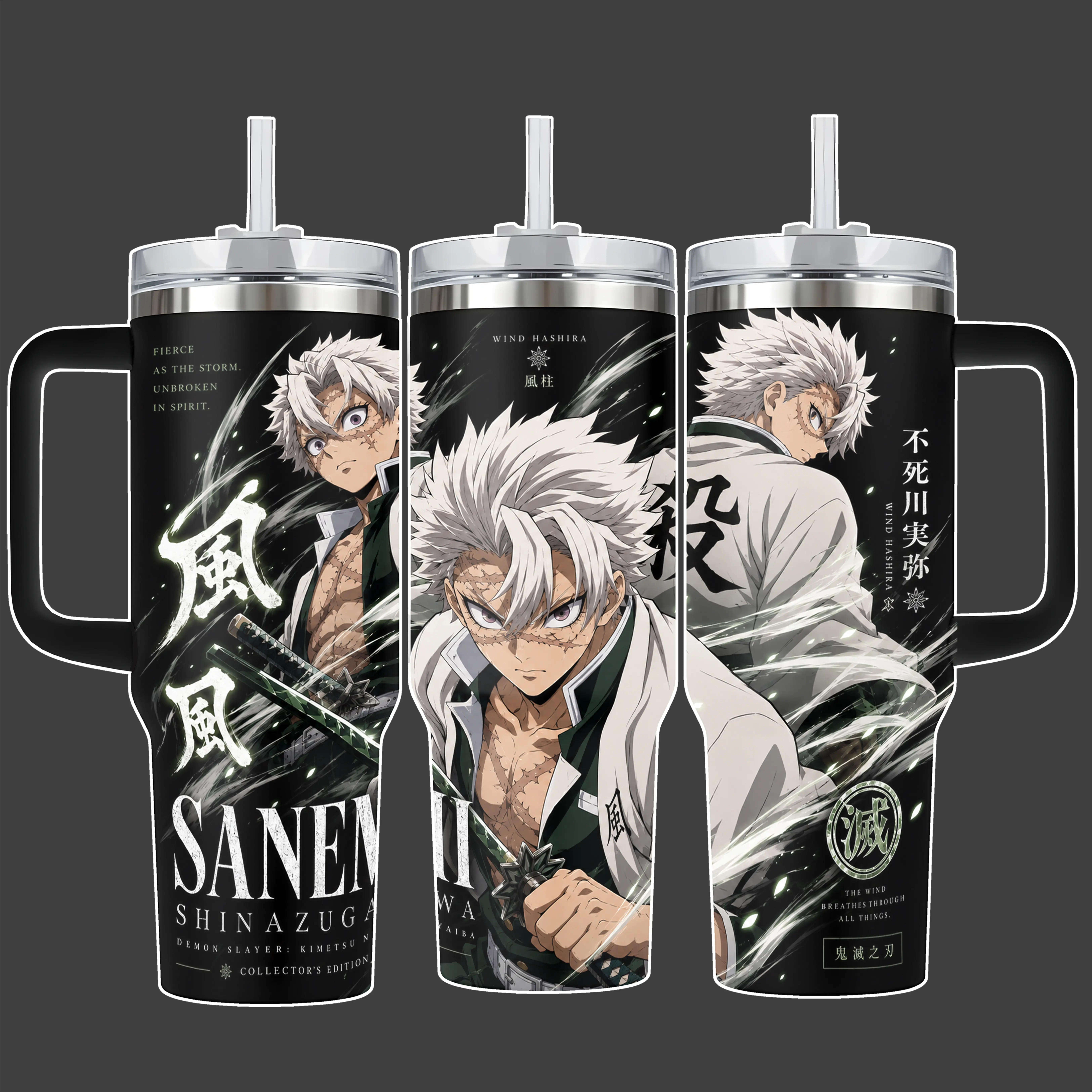 Demon Slayer Sanemi Shinazugawa Wind Hashira Anime Tumbler Cup, White Green Wind Aura Full Wrap Stainless Steel Insulated Tumbler 20oz/40oz With Straw Lid Included, 40oz Handle Option