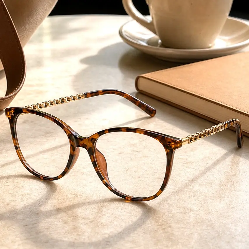 Brown Tortoise Cat Eye Glasses, Clear Lens Fashion Frames with Light Gold Decorative Temples, Blue Light Glasses, for Work, Study and Daily screen use wear summer vintage trendy glass, black frame
