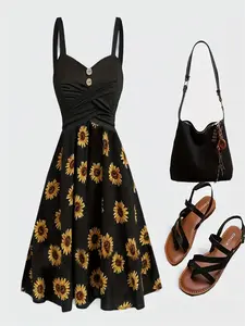 Women's Sunflower Print Button Decor Dress, Casual Bohemian Sleeveless Floral Dress for Summer, Ladies Clothes for Beach Holiday Vacation, Womenswear, Floral Pattern Dress, Casual Boho Chic