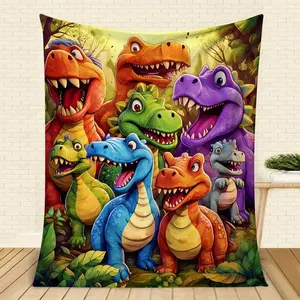 Dinosaur Flannel  Blanket with Playful Smiling Dinosaurs Cartoon Colorful Polyester Throw Cozy Fuzzy Plush Comfy All-Season for Teen Boys Girls Birthdays Holiday Gift 122