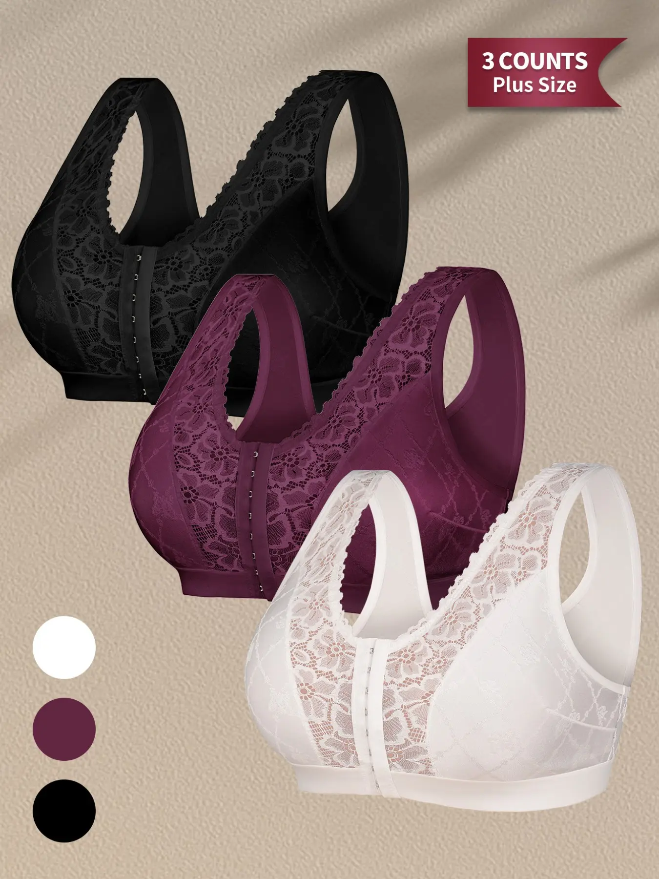 Morelect 3-Pack Plus Size Front Buckle Lace Bra Breathable Comfy Bra, 1xl-4xl, Easy Wear, Breathable, Comfortable Fit Backless Lingerie Underwear for Women