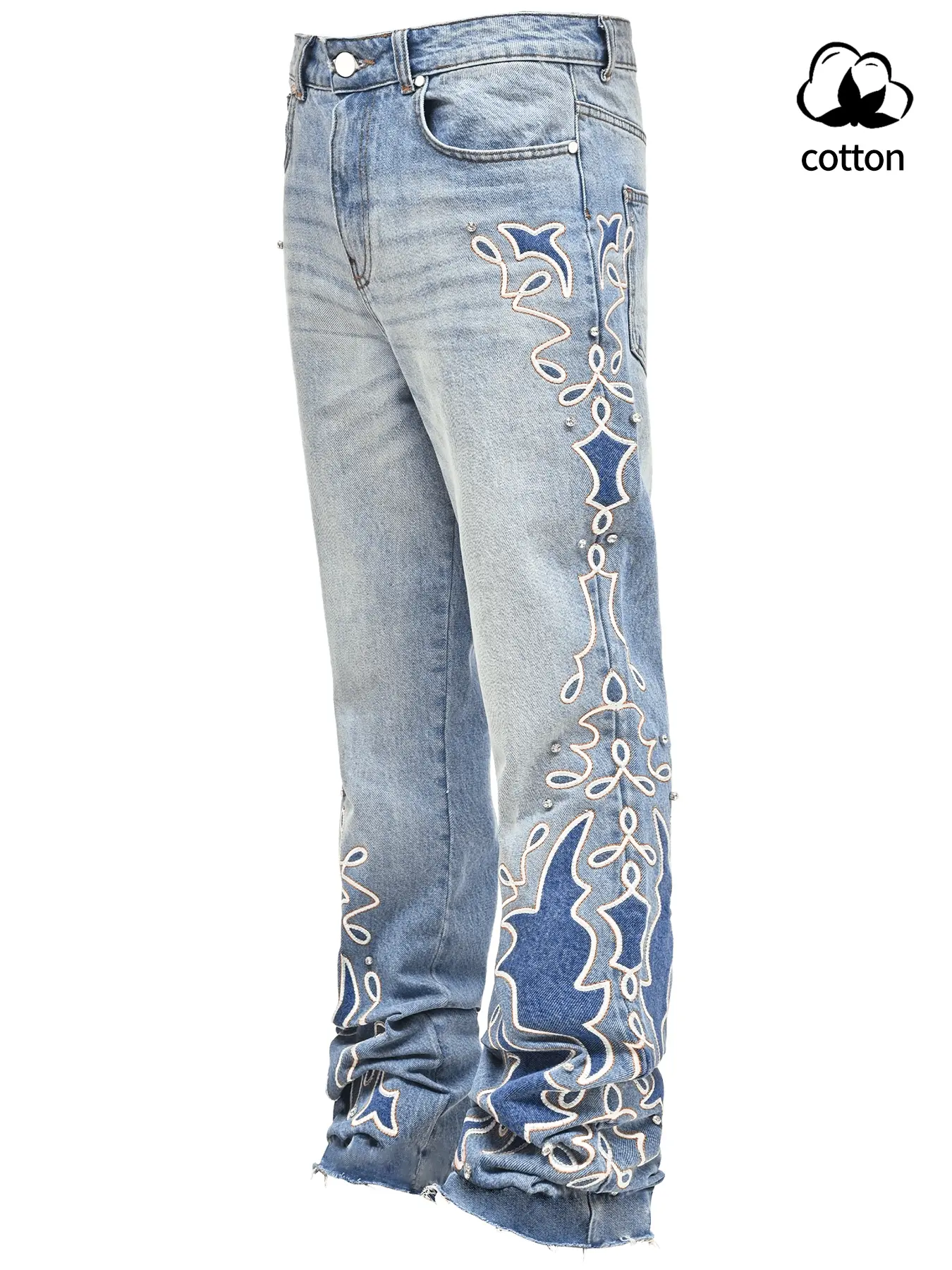 Men's Embroidered Denim Jeans Pants, Heavy Craft Button Fly Design, Fitted Casual Elastic Bell Bottoms, Comfortable Fashion Style, Streetwear, Menswear, Denim Embroidery Jeans