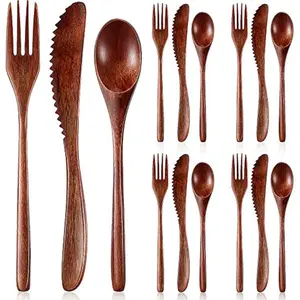 12PCS Wooden for Eating Wooden Spoon Fork Knife Cutlery Set Kitchen Wood Dinner Flatware Tableware Set Includes Wood Spoon, Fork, Knife