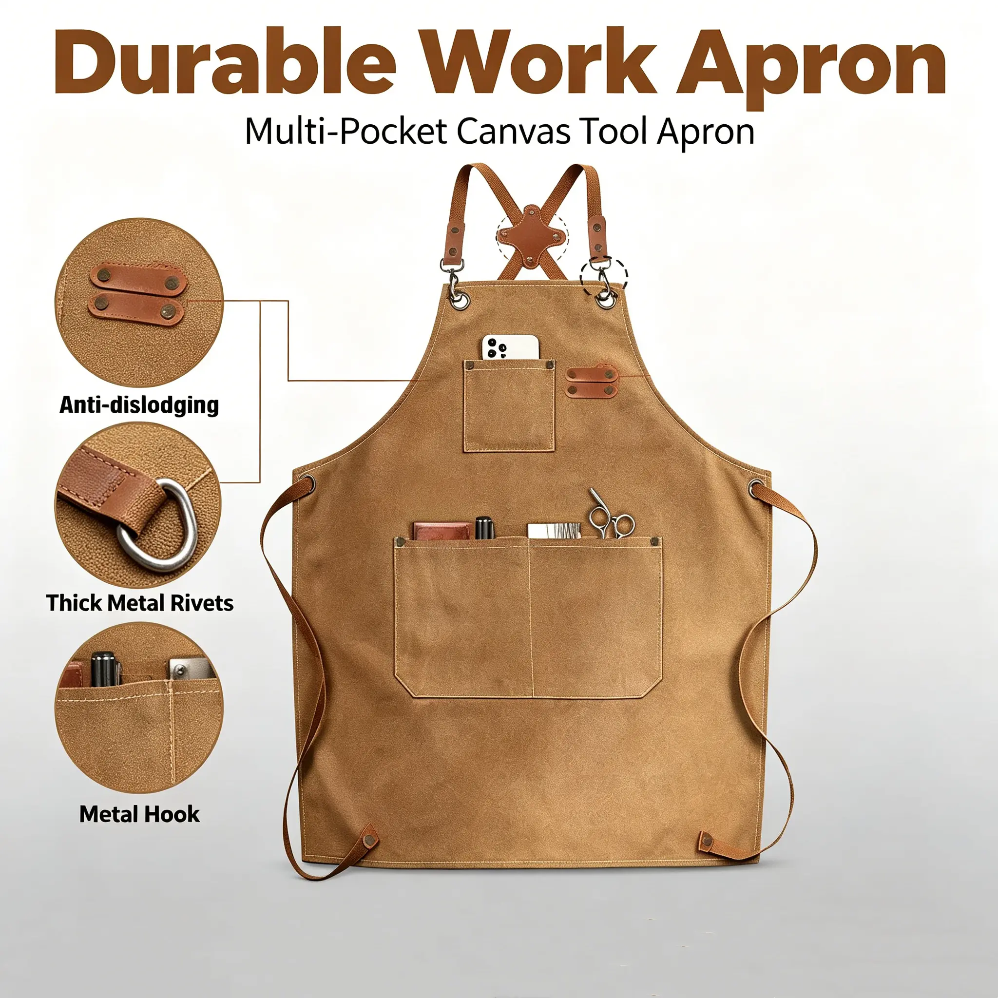 Multifunctional Heatproof Canvas Apron with Pockets - Adjustable Crossback Strap, Front Tool Carry Holders for Gardening, Work Use
