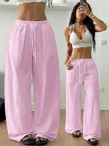1 Pair Lightweight White Linen Wide Leg Pants for Women, Loose Fit Minimalist Chic Comfy Trousers for Vacation Resort & Office Casual
