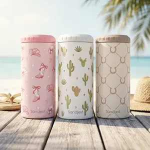 SANDJEST Summer 12oz Slim 4-in-1 Insulated Can Cooler, Stainless Steel Vacuum Tumbler, Soda Beer Energy Drinks Holder with Lid, Gift for Her Birthday