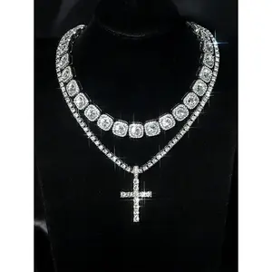 Iced Out Tennis Necklace And Cross Pendant Set With Sugar Chain Set For Men And Women For Party And Daily Decor Jewelry Accessories