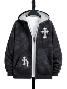 Men's Spring/Autumn Lightweight Personalized Cross Print Long Sleeve Pocket Tie-Dye Camo Zip-Up Hoodie Fashion Casual Cardigan Running Jacket Street Style Travel Vacation Outdoor Commuting Camping Gift for Husband Boyfriend Menswear Stylish