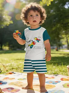 Baby Cartoon Pattern Fitted Short Sleeve Set, Casual Daily & Outdoor Wear, Perfect Gift for Infants, 100% Polyester Material