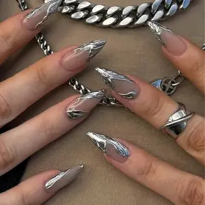 Silver Chrome 3D Print Line Work Almond Press on Nails