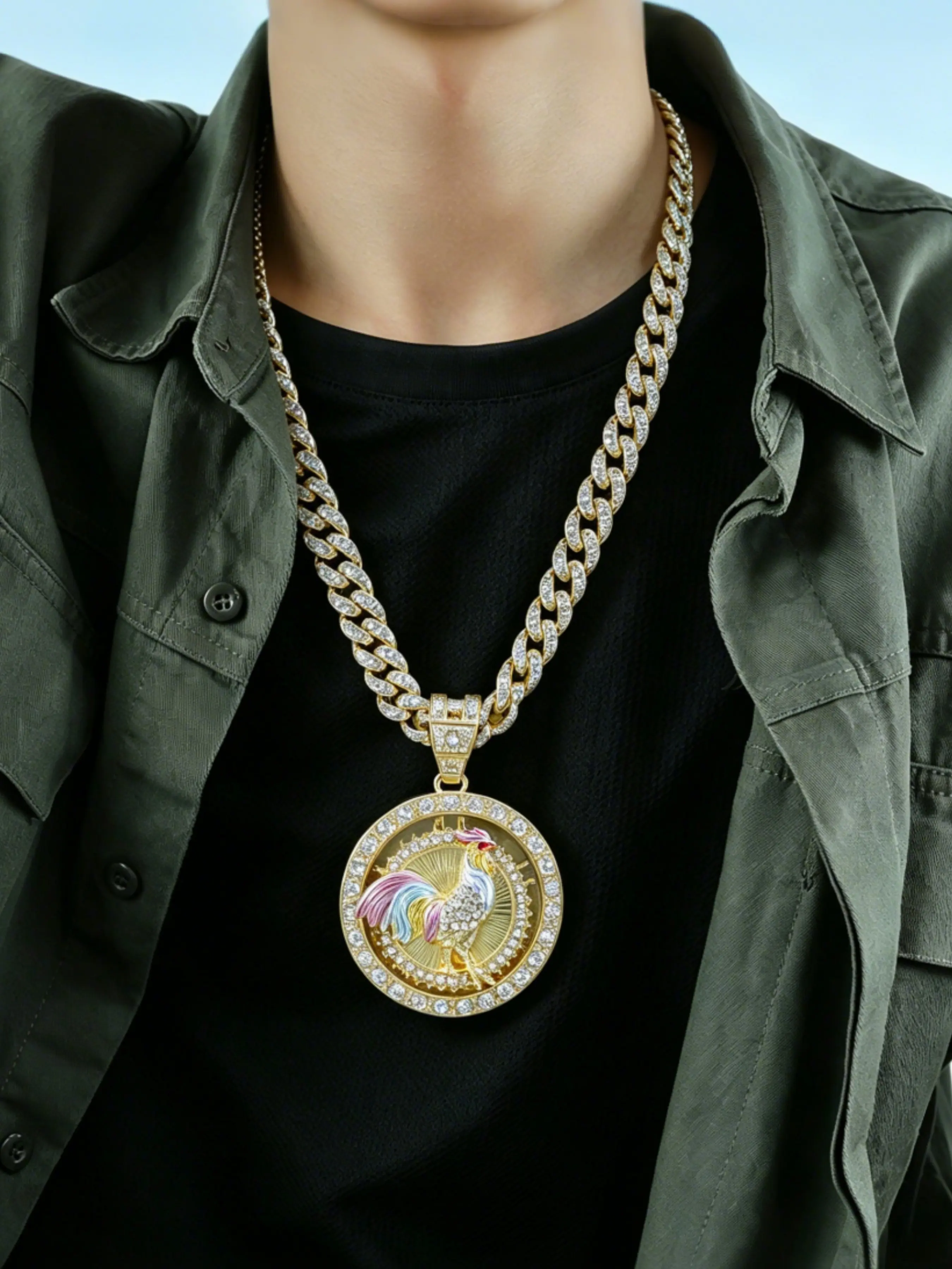 18k Rotatable Rooster Pendant, 24 Inch Cuban Link Chain, Inlaid Rhinestones, Retro Hip-Hop Punk Necklace, Jewelry Gift, Cuban Chains, Fashion Necklace, Trendy Necklace