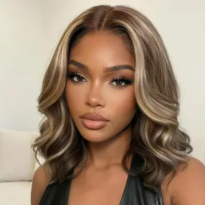 UNice Glueless Dark Brown with Honey Blonde Highlights Layered Cut Bob Wig Pre Cut 13x4 HD Lace Frontal Human Hair Loose Wave Wigs with Drawstring  Bleached Knots Beginners Friendly summerwins