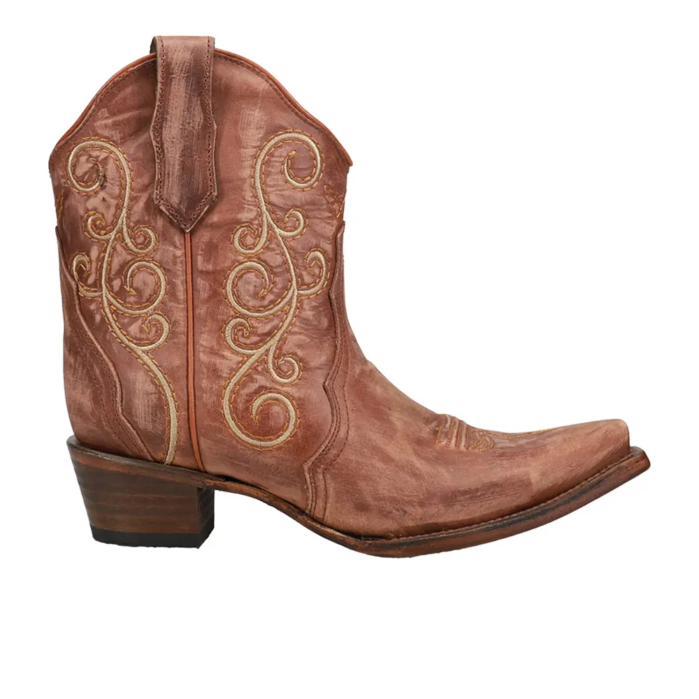 Corral Boots Womens Triad Embroidered Pull On Snip Toe  Casual Boots Ankle Mid Heel 2-3" - Brown