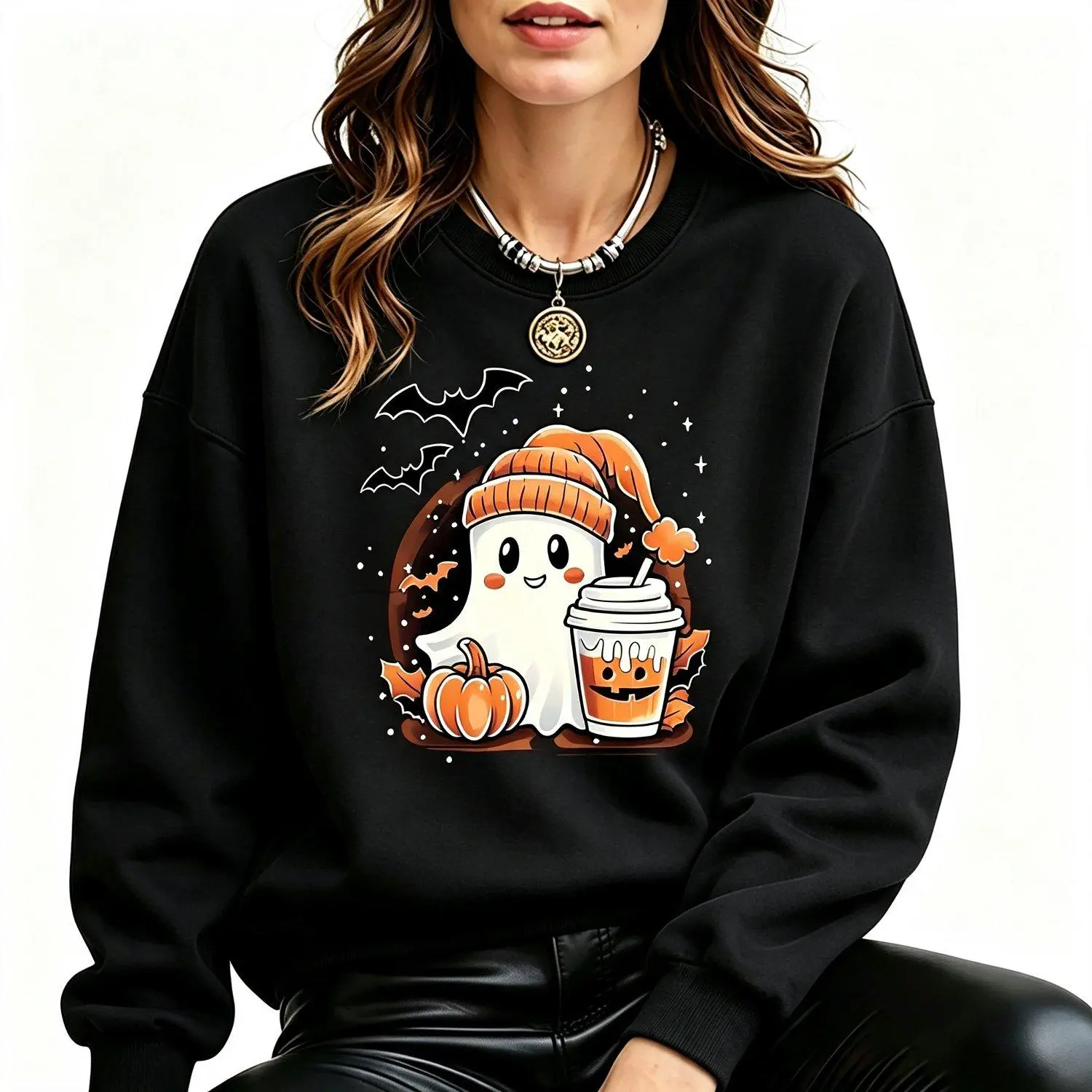Halloween for Ghost Iced Coffee Graphic Fit Pullover Crew Neck Sweatshirt Casual Stylish Warm Comfortable Top