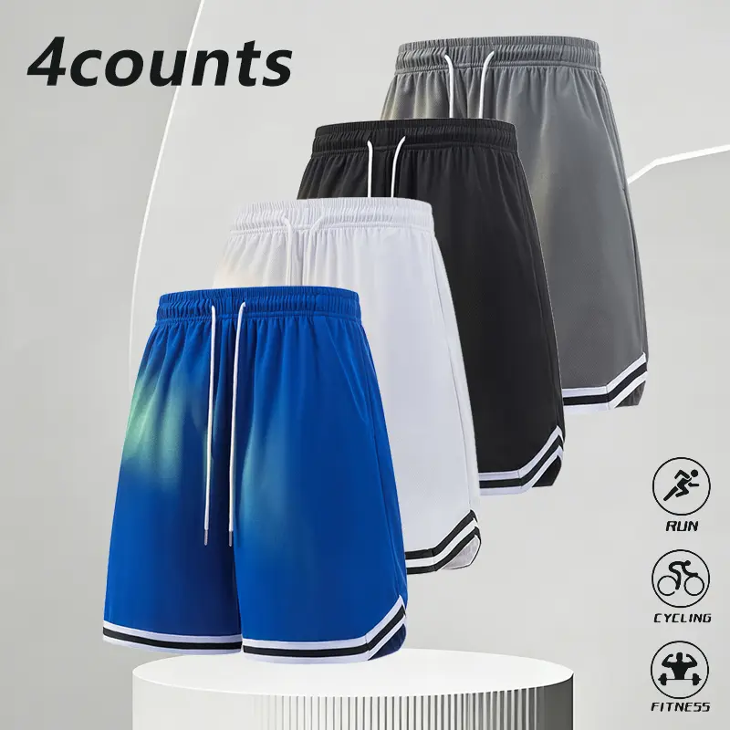 4-pack men’s athletic basketball shorts for summer—thin, quick-drying, knee-length casual shorts with side pockets and breathable fabric. Available in mixed colors; suitable for gym, court, and casual wear, home leisure, fitness training, and streetwear;