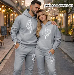 Men's 2-Piece Polyester Minimalist Couple's Stronger Together Print Hooded Long-Sleeve Sweatshirt & Drawstring Bottom Clothes Set, Casual Athletic Sportswear, Autumn-Winter Everyday Tracksuit (Sold as 1 Set)