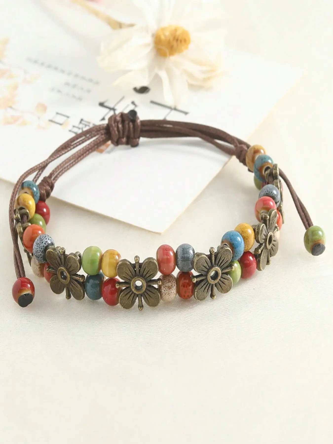 Bohemian Vintage Handmade Woven Bracelet, Colorful Ceramic Beaded & Leather Cord, Flower Charms, Adjustable Knot, Party Gift for Women Girls