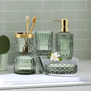 PLL Green Bathroom Accessories Set, 5Pcs Clear Glass Bathroom Accessories, Vanity Bathroom Decor, Hand Soap Dispenser, Soap Dish, Toothbrush Holder Set, Modern Countertop Organizer, Housewarming Gift Set
