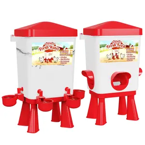 Chicken Feeder and Waterer Set, Automatic Poultry Feeder with 3 Ports, Large Capacity Chicken Waterer with 4 Cups, Chicken Coop Accessories, 3 Gallon, Red