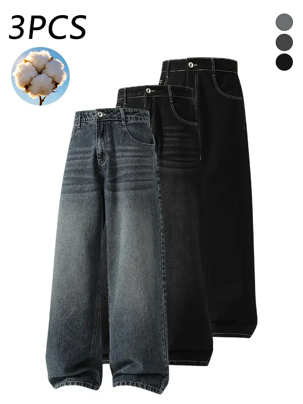 3-pack men’s cotton wide-leg jeans, loose fit with straight cut, casual street retro gradient wash denim fabric