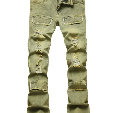Men's Flap Detail Button Cotton Distressed Ripped Jeans, Regular Fit Casual Streetwear Pocket Zipper Raw Hem Denim Pants, Fashion Men's Bottoms Leisure Denim Trousers for All Seasons