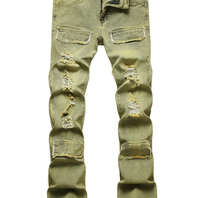 Men's Flap Detail Button Cotton Distressed Ripped Jeans, Regular Fit Casual Streetwear Pocket Zipper Raw Hem Denim Pants, Fashion Men's Bottoms Leisure Denim Trousers for All Seasons