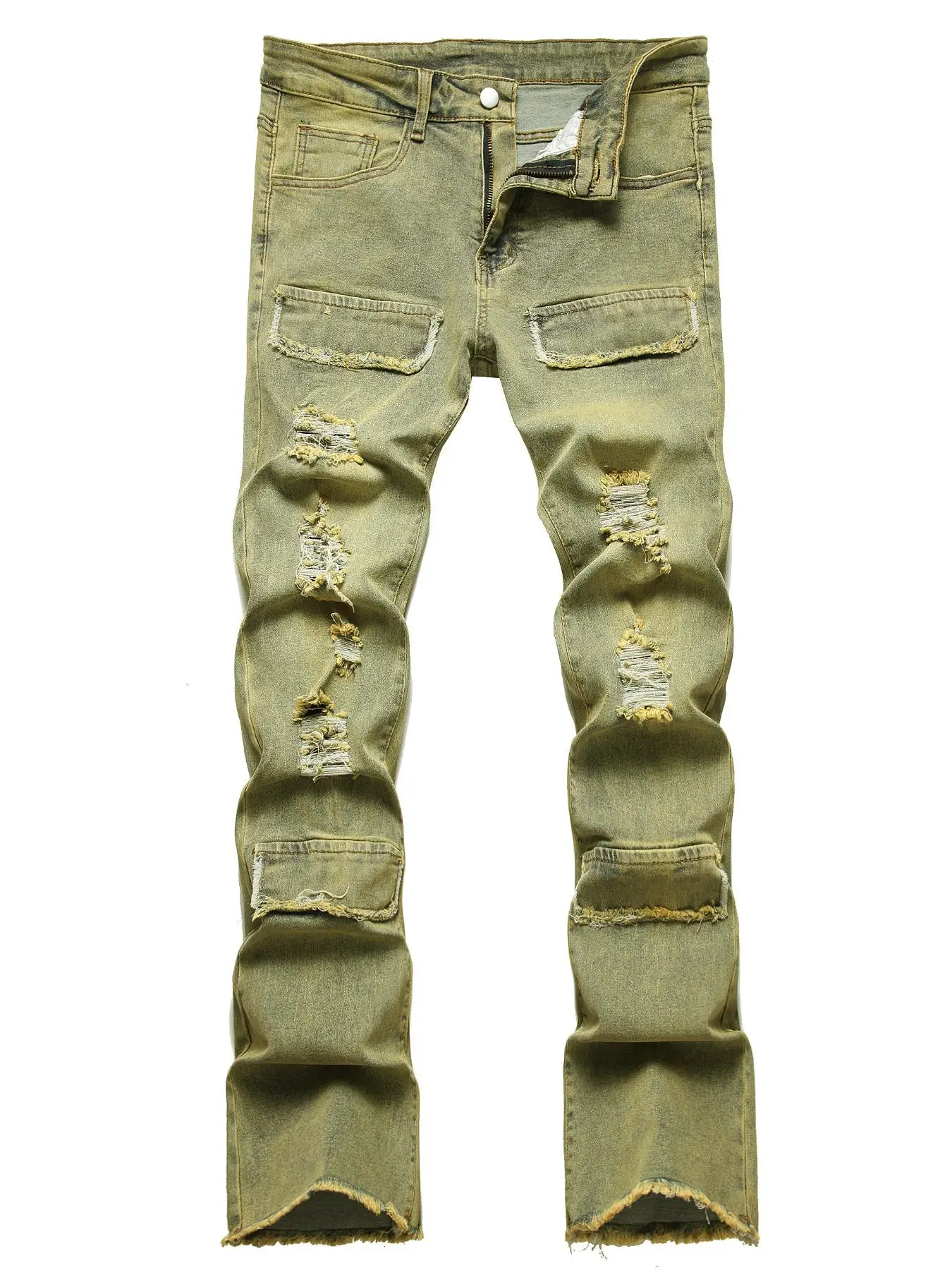 Men's Flap Detail Button Ripped Jeans, Regular Fit Casual Pocket Zipper Raw Hem Denim Pants, Fashion Men's Bottoms for All Seasons